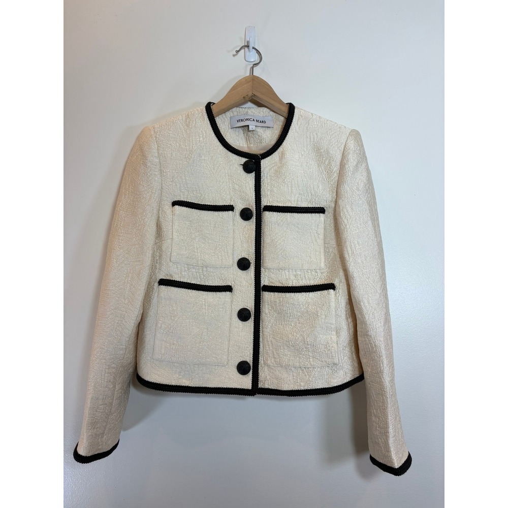 Veronica Beard Cream Black Textured Darla Jacquard Trimmed Button Front Jacket 6